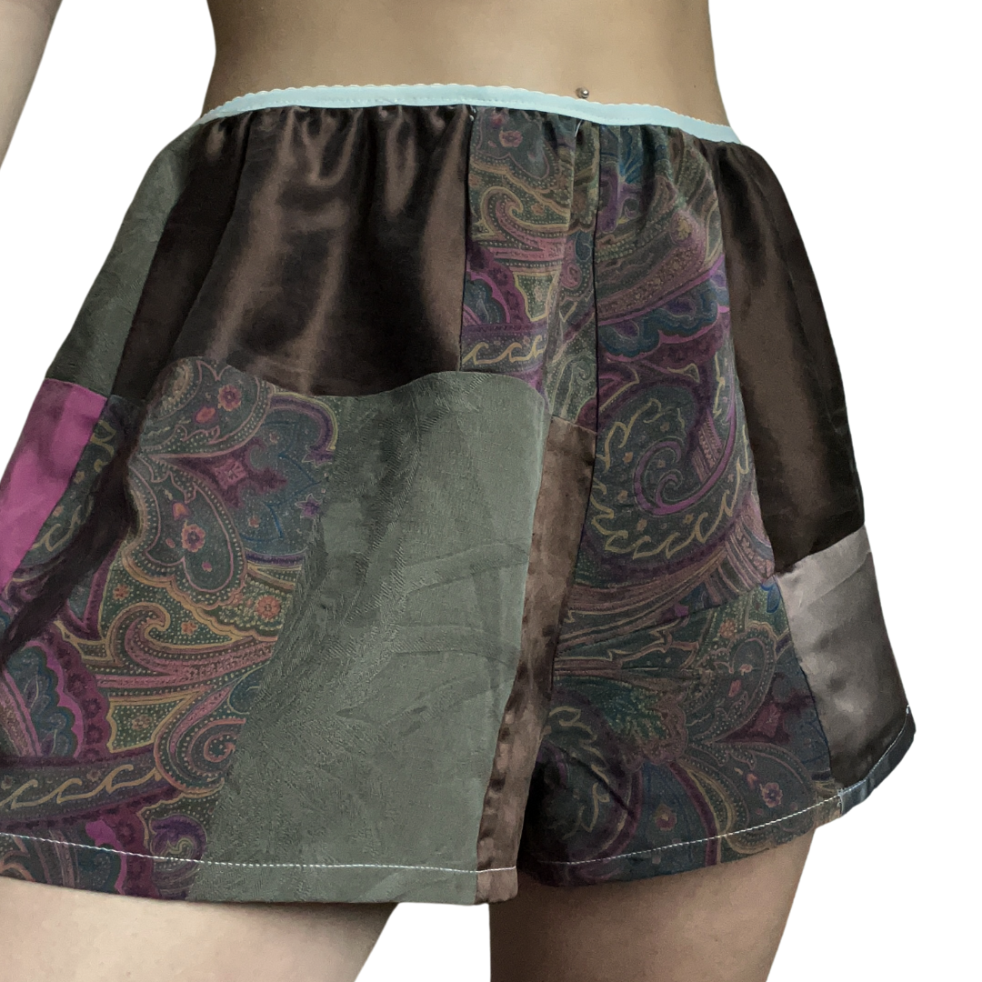 100% Silk Patchwork Sleep Shorts - Brown/Paisley - M/L