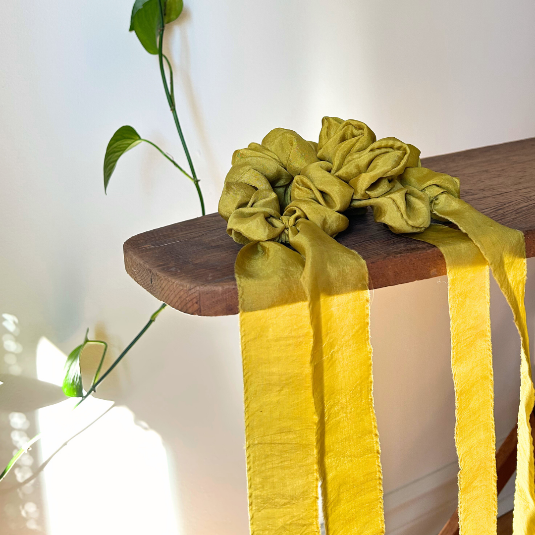 100% Mulberry Silk Marigold Dyed Scrunchie (with bow)