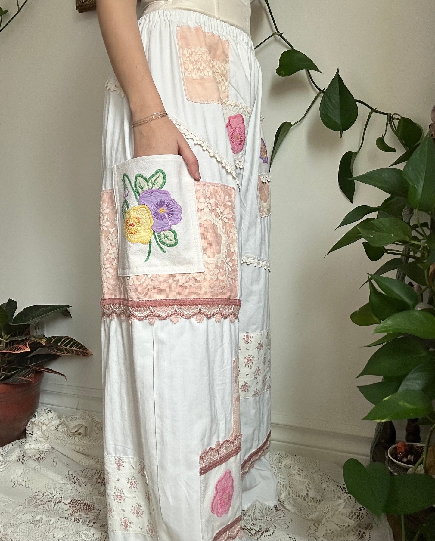 Upcycled Patchwork Floral + Lace Pants (3) - M/L