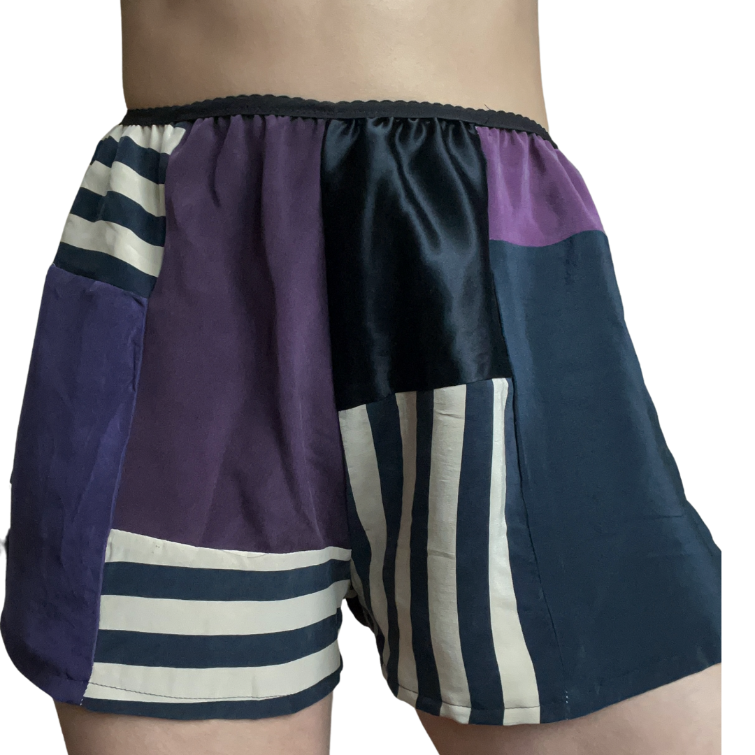 100% Silk Patchwork Sleep Shorts - Purple/Black - M/L