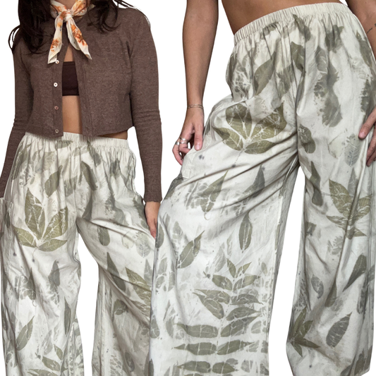 Woman wearing leaf-patterned pants with a close-up of the pants' design.
Naturally dyed lounge pants.