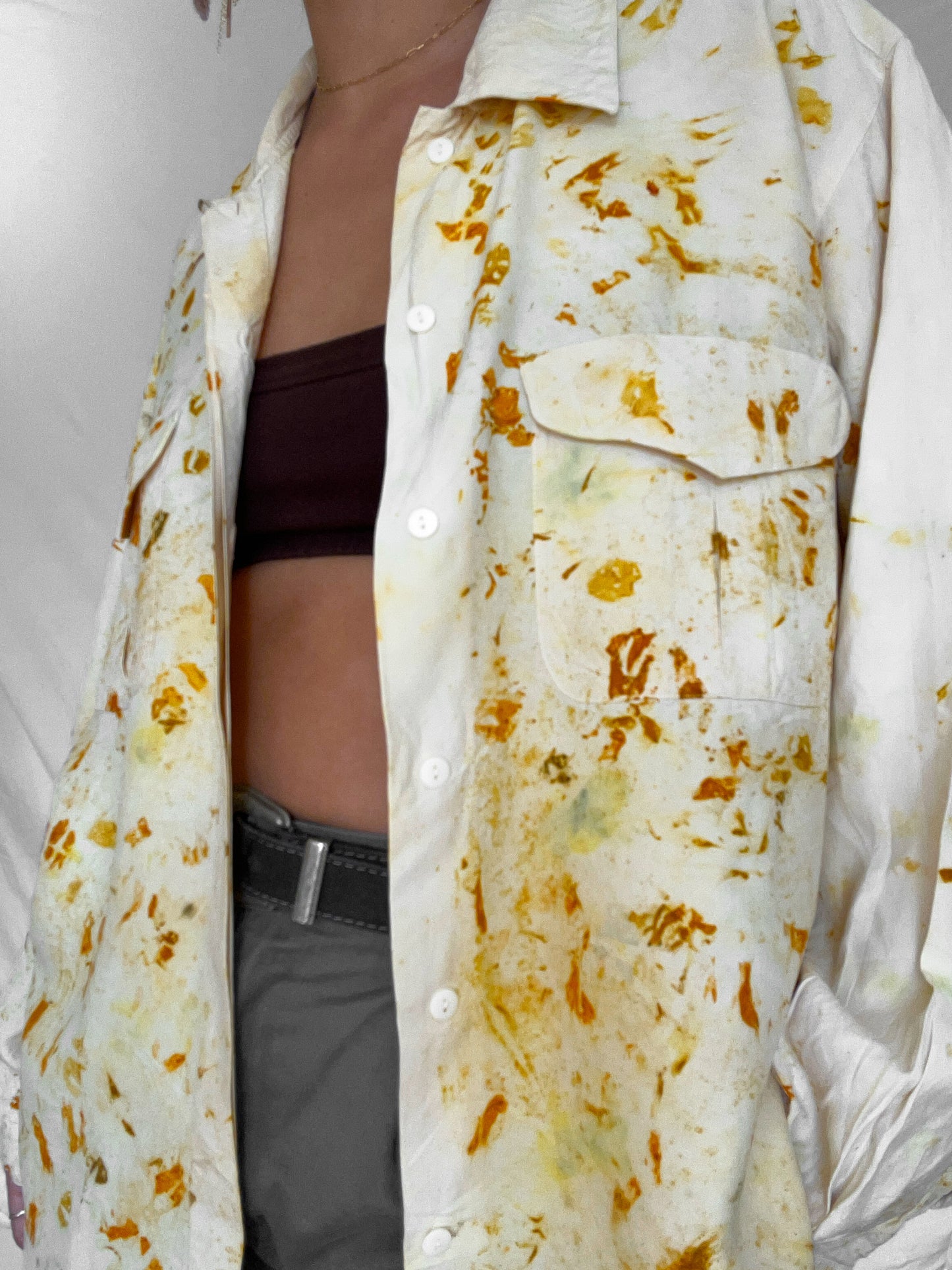 100% Silk Plant Dyed Button Up - Marigold/Iron -L