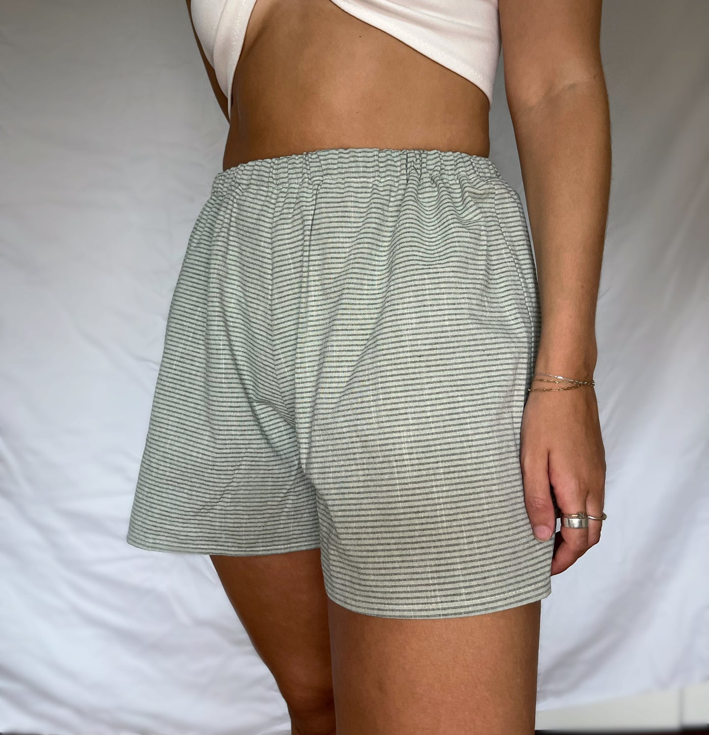 Upcycled Everyday Shorts- Green Stripes (S/M)