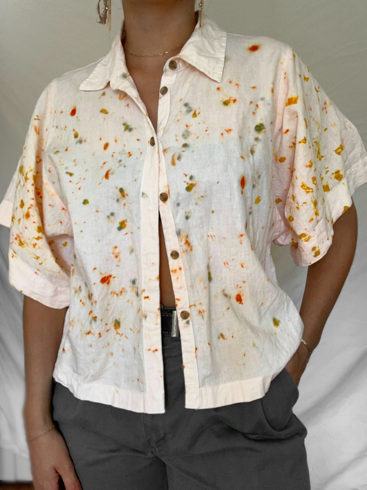 Linen Blend Plant Dyed Button Up- Madder/Marigold/Coreopsis - M/L