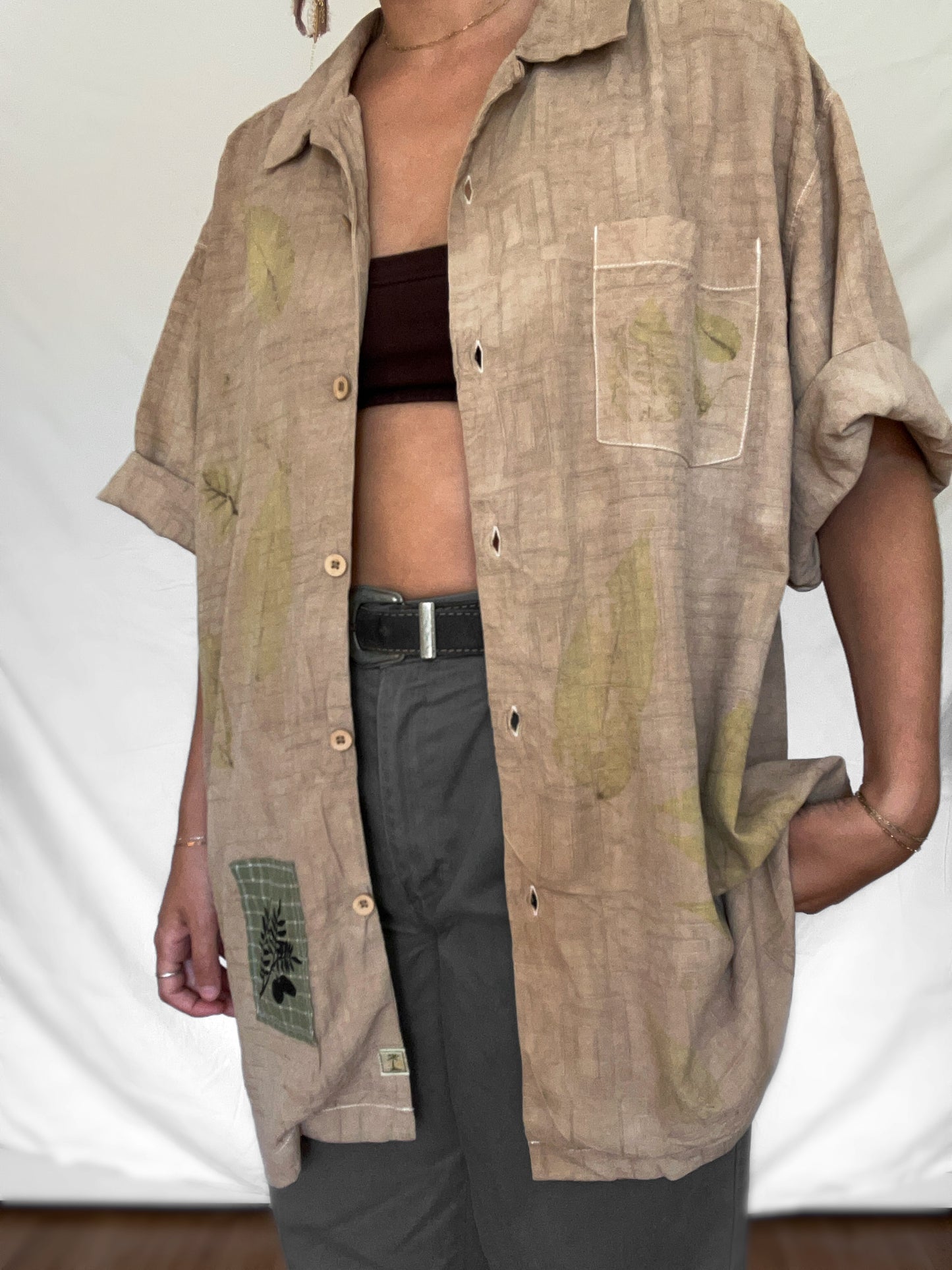 100% Silk Plant Dyed Button Up - Black Walnut - XL (mens)