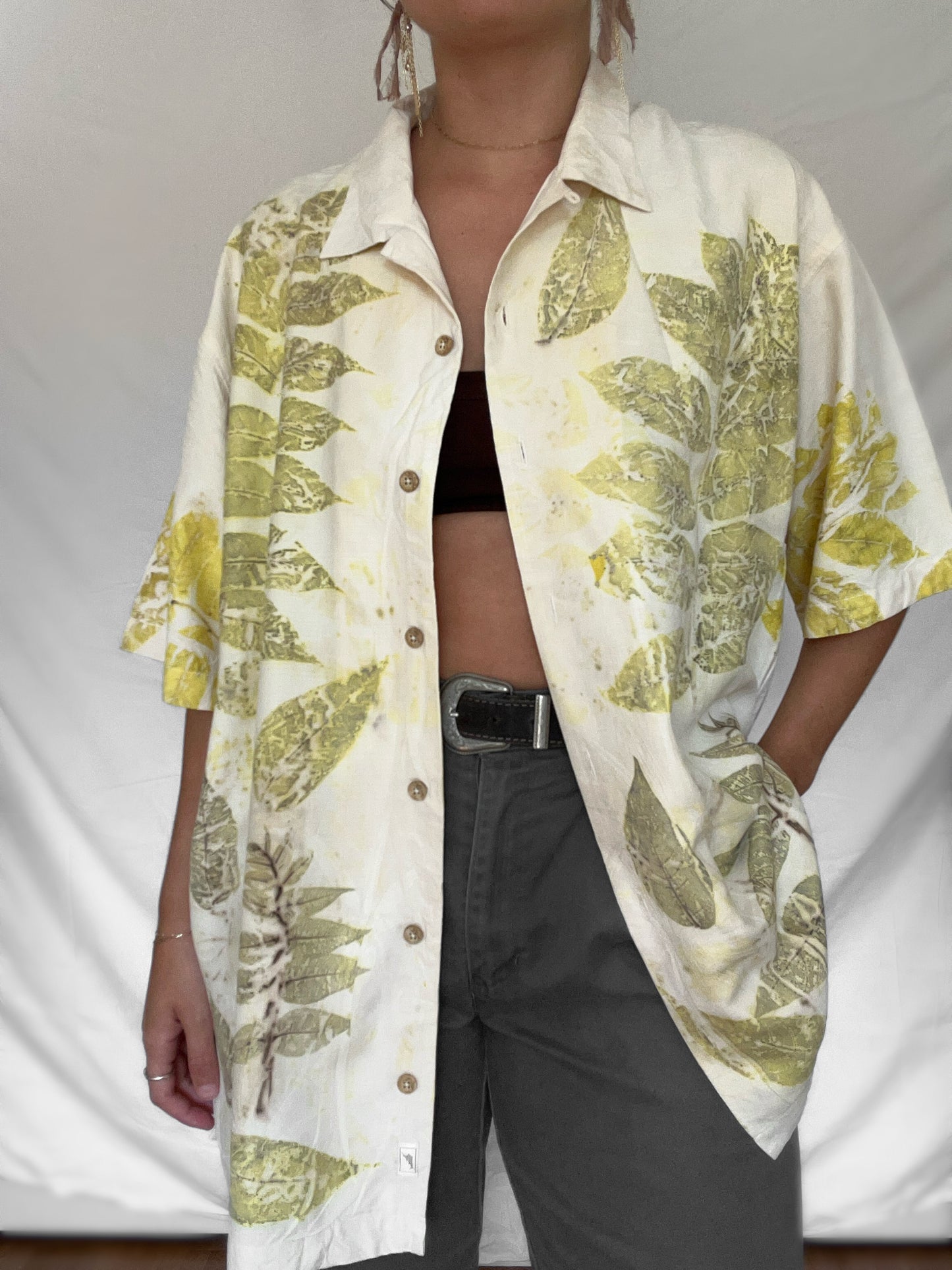 100% Silk Plant Dyed Button Up - Black Walnut - L (mens)