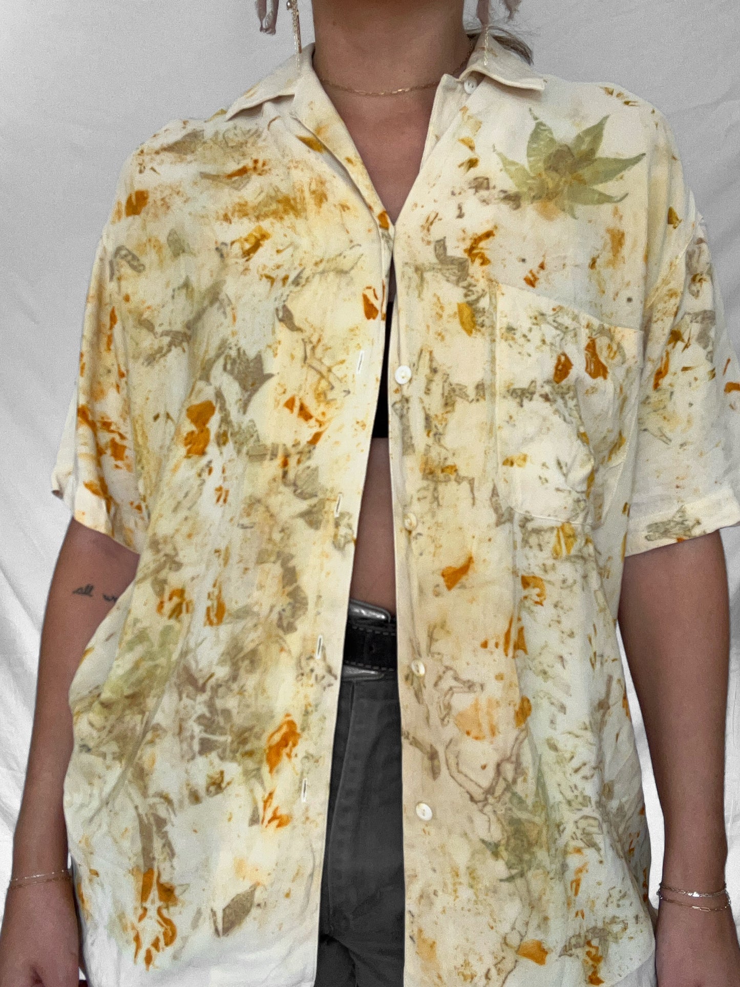 100% Silk Plant Dyed Button Up - Marigold/Maple/Iron - L