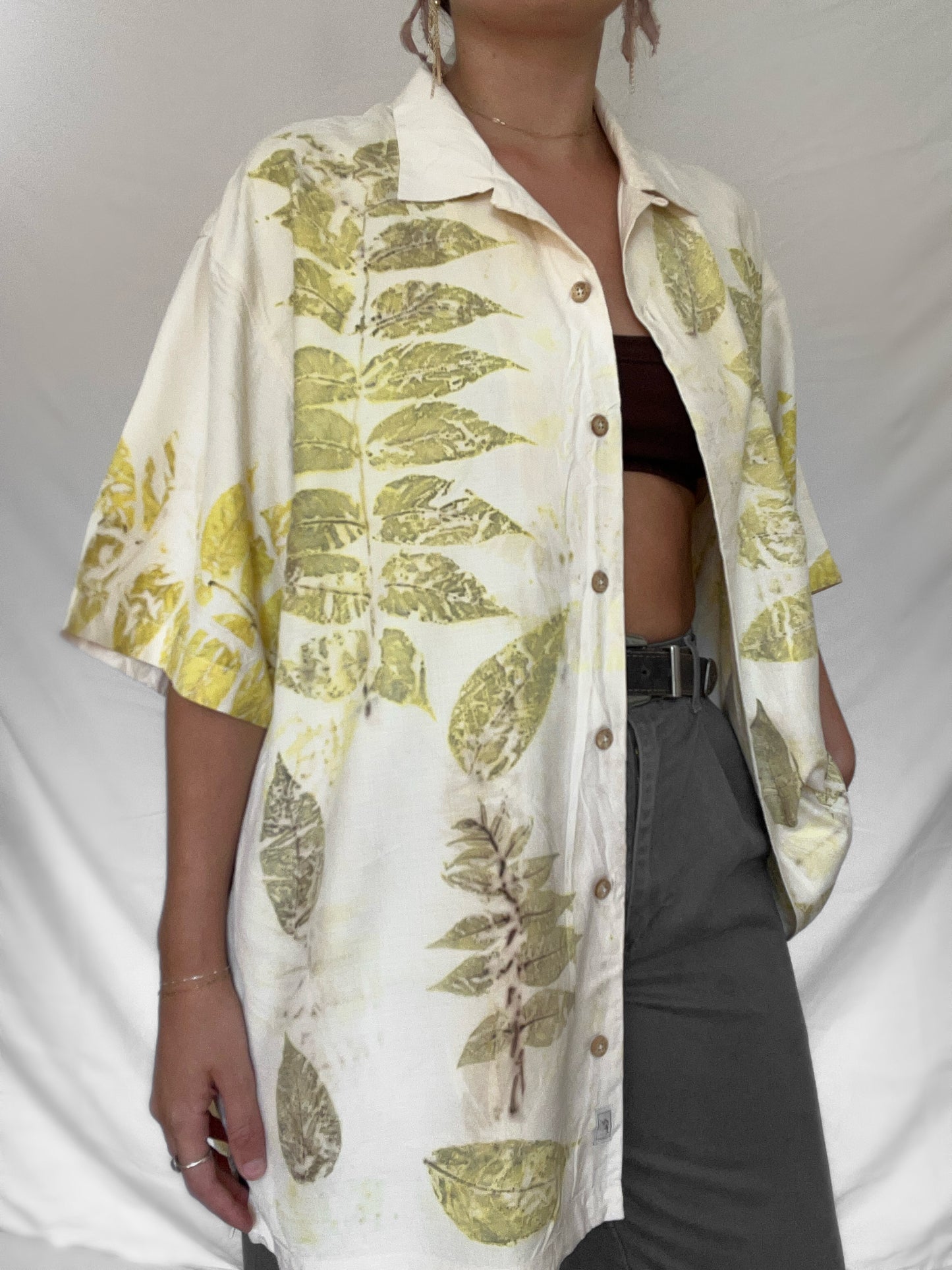 100% Silk Plant Dyed Button Up - Black Walnut - L (mens)