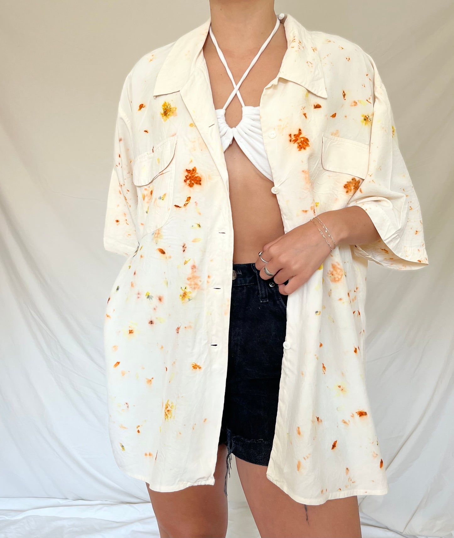 100% Silk Plant Dyed Short Sleeve Button Up - Coreopsis - 3X (Unisex)