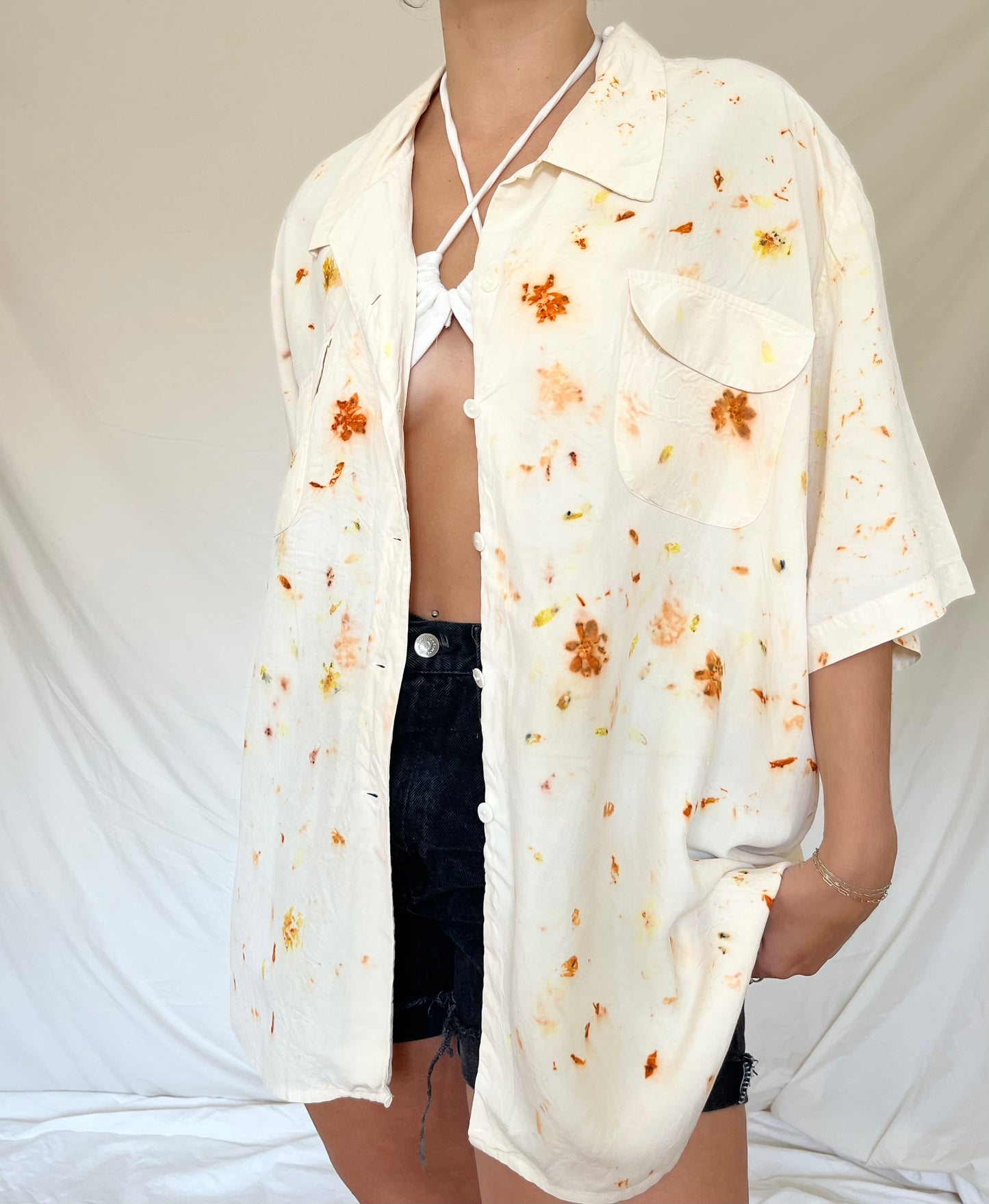 100% Silk Plant Dyed Short Sleeve Button Up - Coreopsis - 3X (Unisex)
