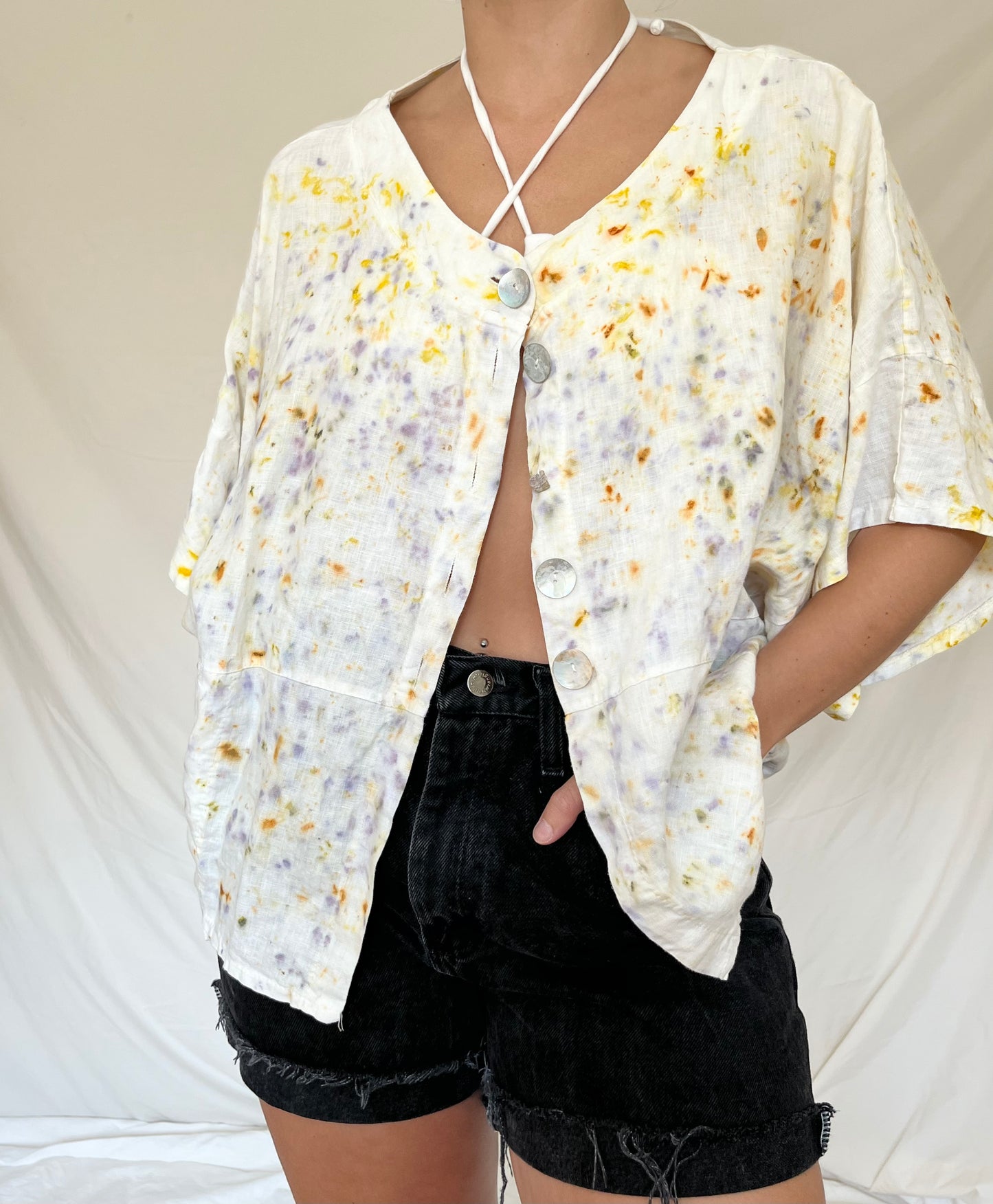 100% Linen Plant Dyed Button Up - Sumac/Coreopsis/Marigold - XL
