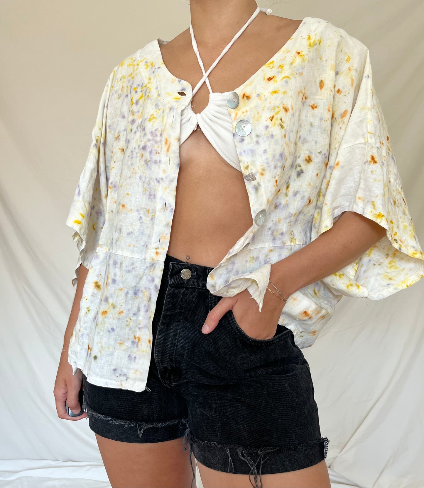 100% Linen Plant Dyed Button Up - Sumac/Coreopsis/Marigold - XL