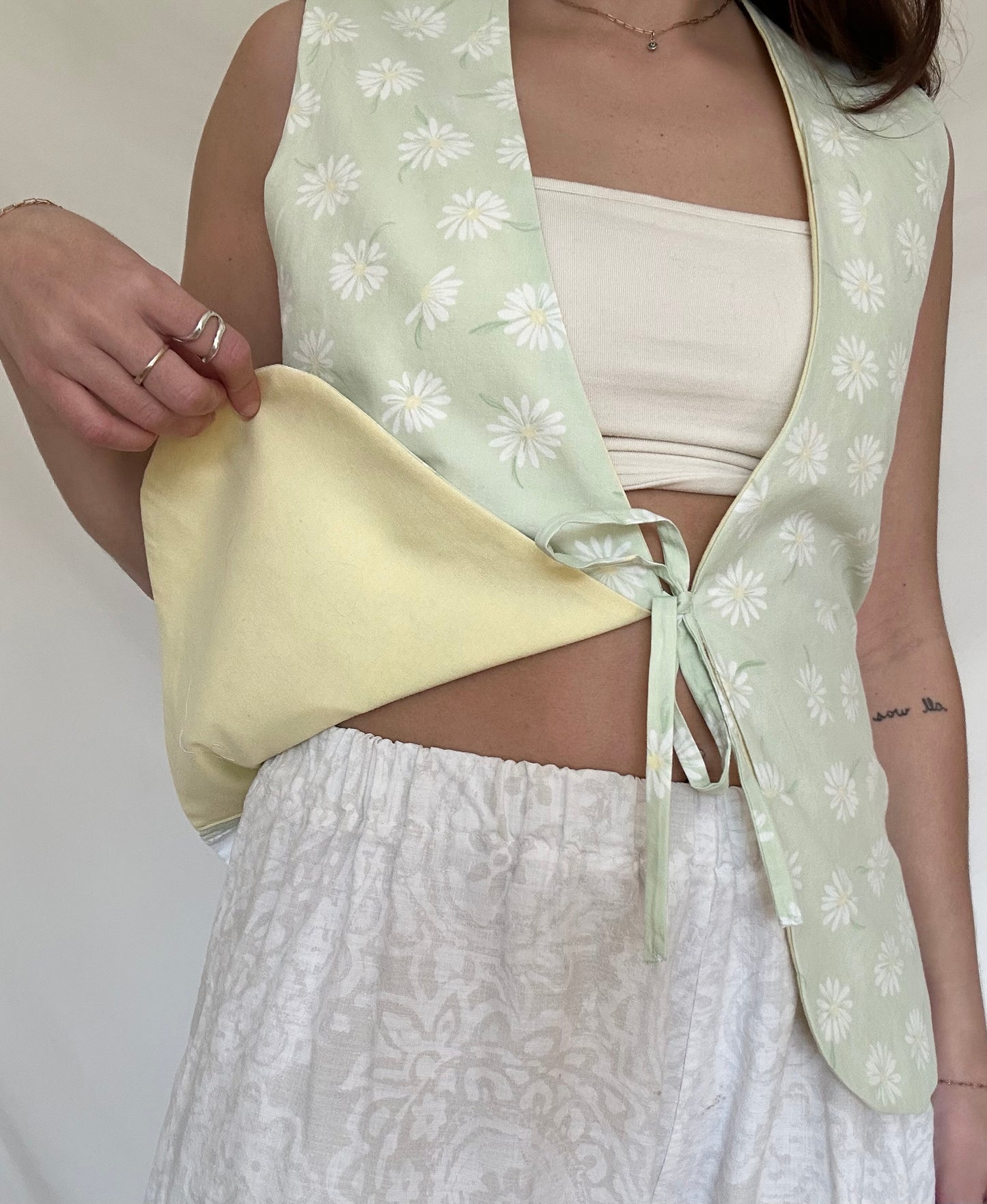 Upcycled Green Daisy Vest- Multiple Sizes (Sample Style)