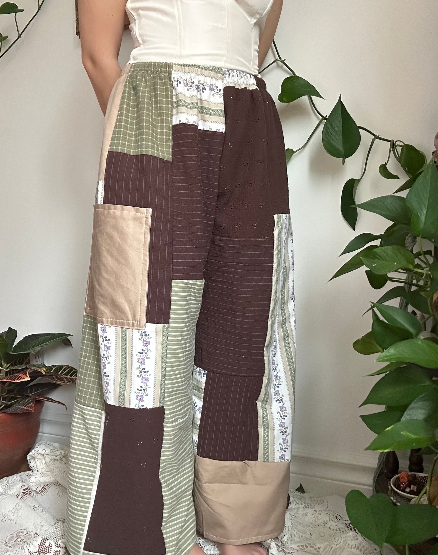 Upcycled Patchwork Brown/Green Quilt Pants - S/M