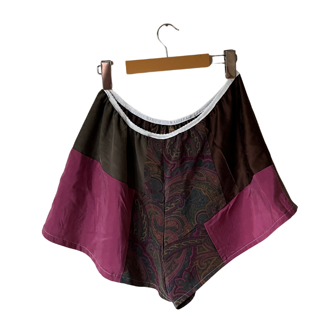 100% Silk Patchwork Sleep Shorts - Brown/Paisley - M/L