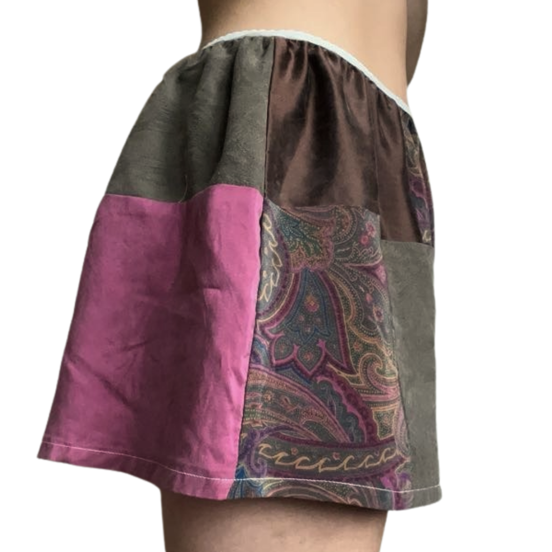 100% Silk Patchwork Sleep Shorts - Brown/Paisley - M/L