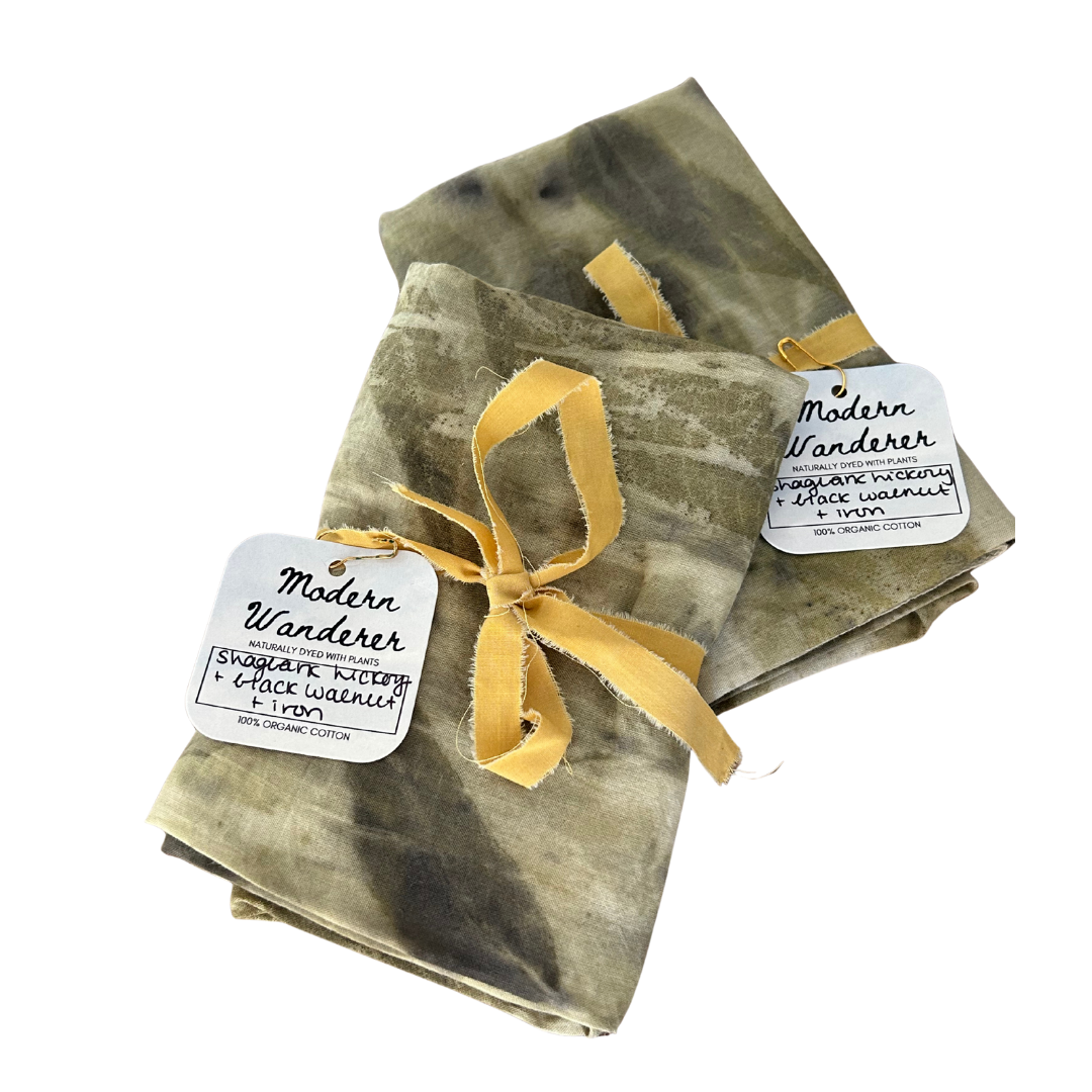 Two organic cotton plant dyed bandanas. Eco printed with leaves and iron. 
Green and black leaf prints.