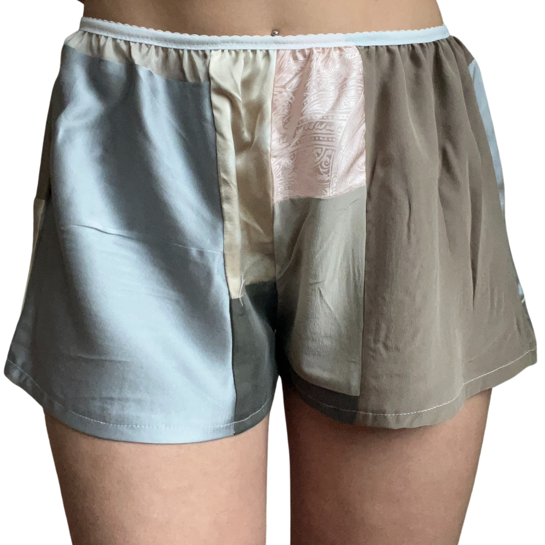 100% Silk Patchwork Sleep Shorts - Neutrals - S/M