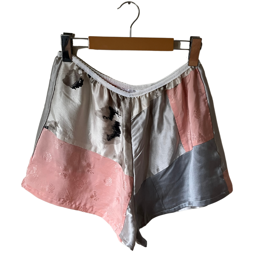 100% Silk Patchwork Sleep Shorts - Grey/Pink - M/L