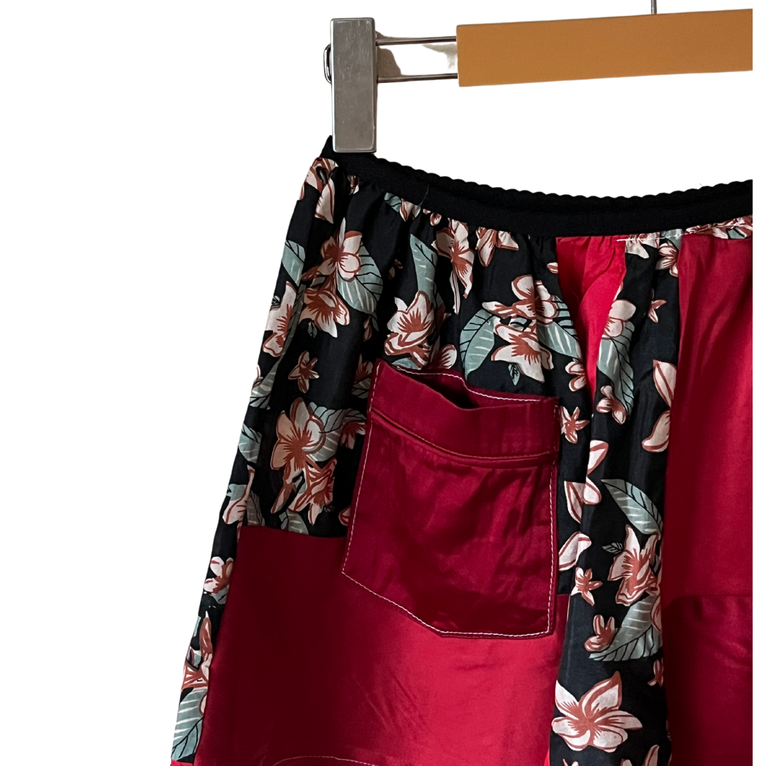 100% Silk Patchwork Sleep Shorts - Red/Floral- S/M