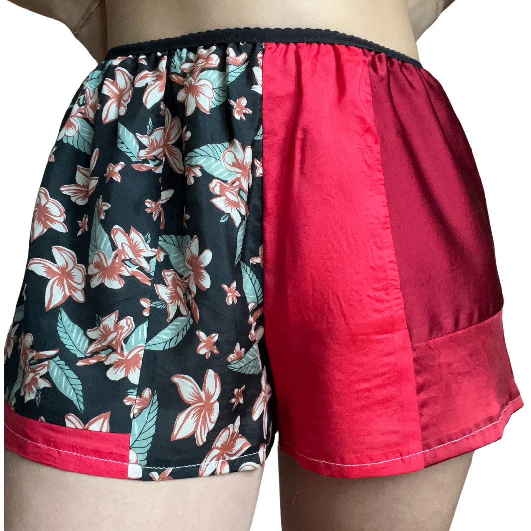 100% Silk Patchwork Sleep Shorts - Red/Floral- S/M