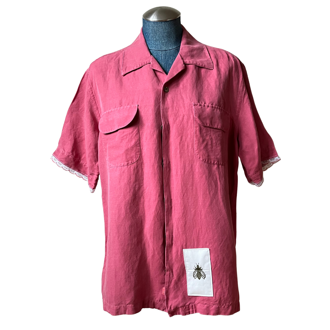 Upcycled Silk/Linen Button Up - Red/M (mens)