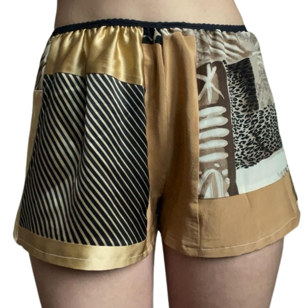 100% Silk Patchwork Sleep Shorts - Gold/Animal Print- S/M