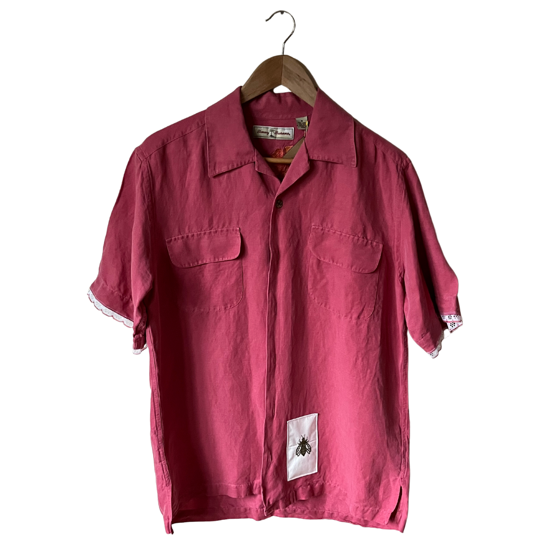 Upcycled Silk/Linen Button Up - Red/M (mens)