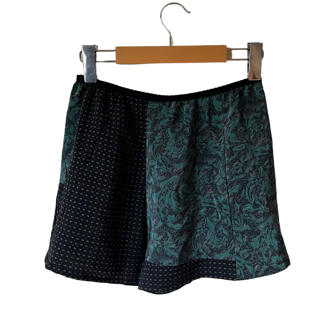 100% Silk Patchwork Sleep Shorts - Green/Black - XS/S