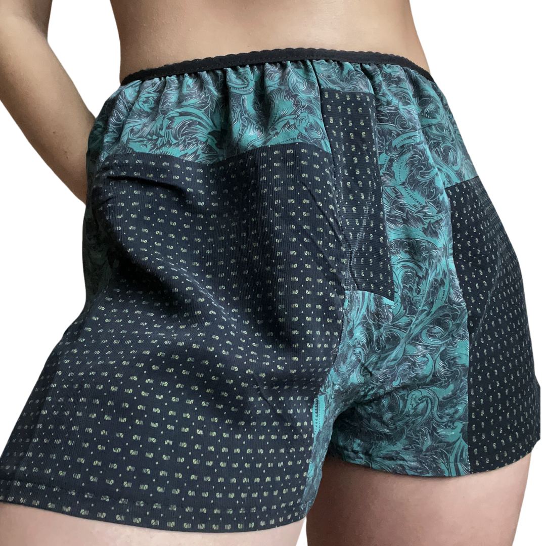 100% Silk Patchwork Sleep Shorts - Green/Black - XS/S