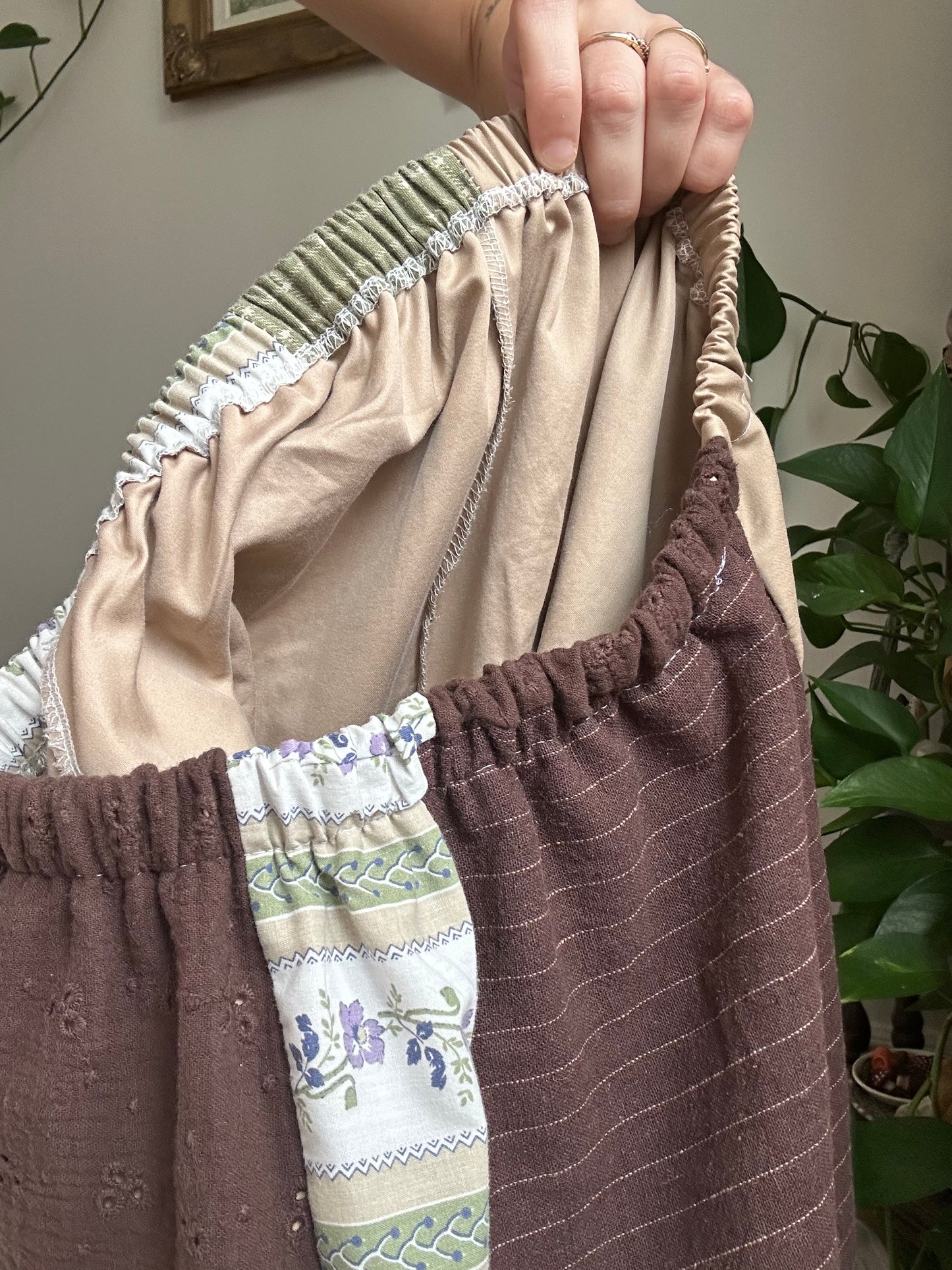 Upcycled Patchwork Brown/Green Quilt Pants - S/M