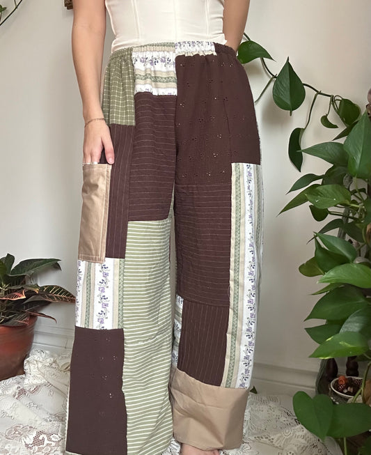 Upcycled Patchwork Brown/Green Quilt Pants - S/M