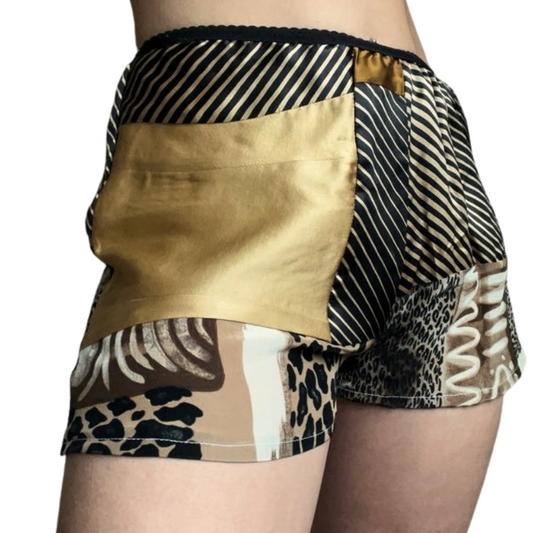 100% Silk Patchwork Sleep Shorts - Gold/Animal Print - XS/S