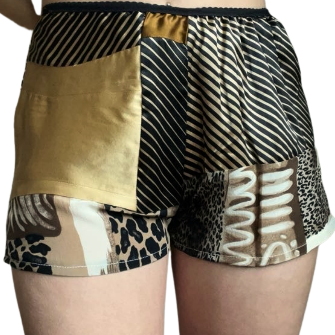 100% Silk Patchwork Sleep Shorts - Gold/Animal Print - XS/S