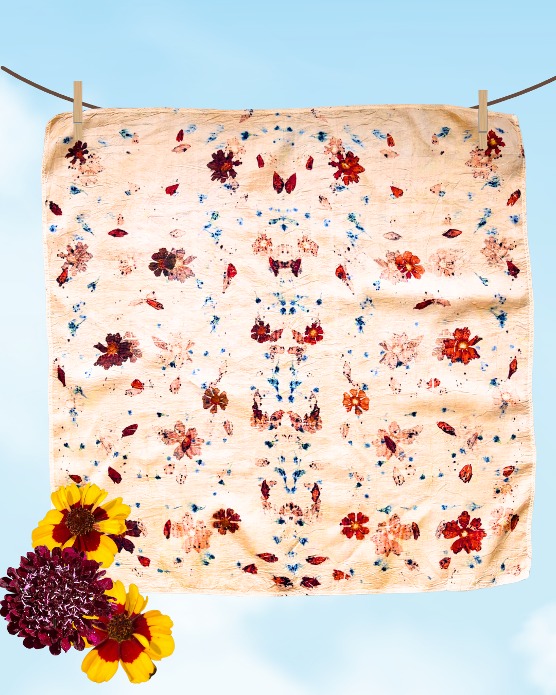 100% Mulberry Silk Plant Dyed Bandana - Garden Flowers (3)