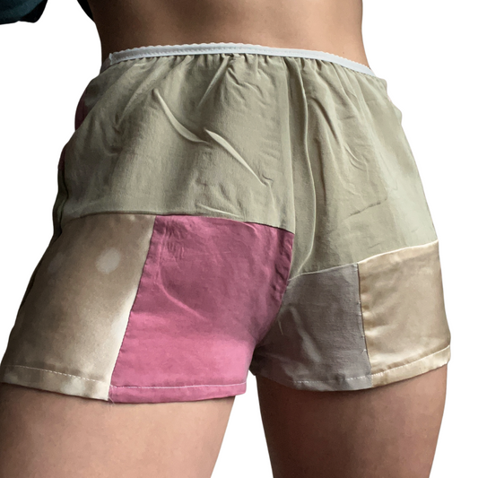 100% Silk Patchwork Sleep Shorts - Neutrals - XS/S