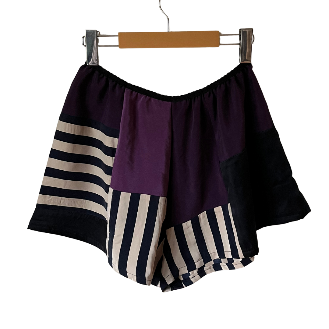 100% Silk Patchwork Sleep Shorts - Purple/Black - M/L