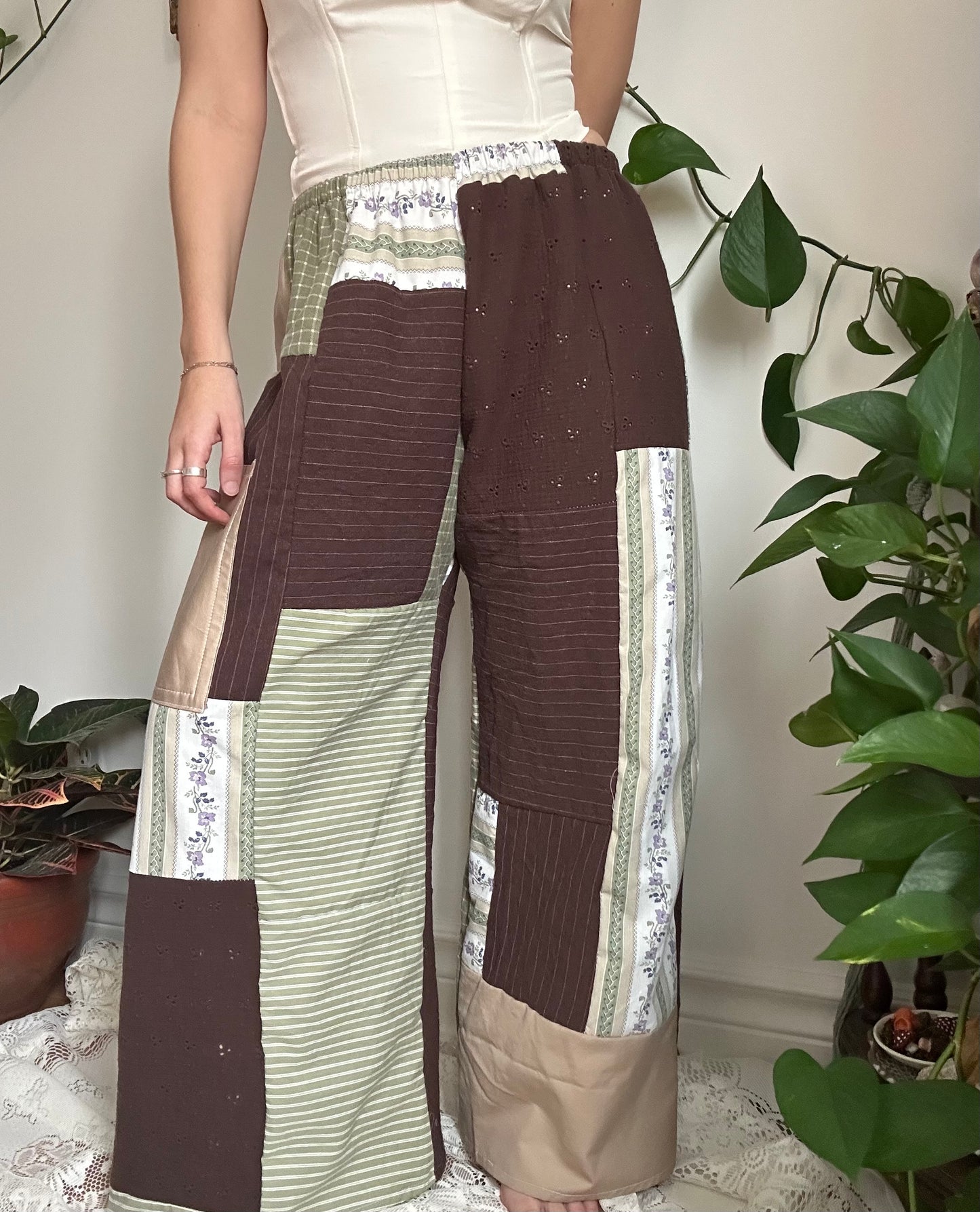 Upcycled Patchwork Brown/Green Quilt Pants - S/M