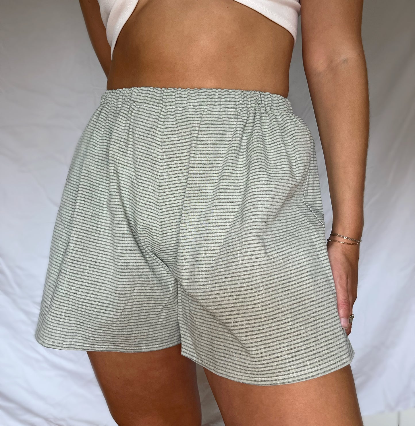 Upcycled Everyday Shorts- Green Stripes (S/M)