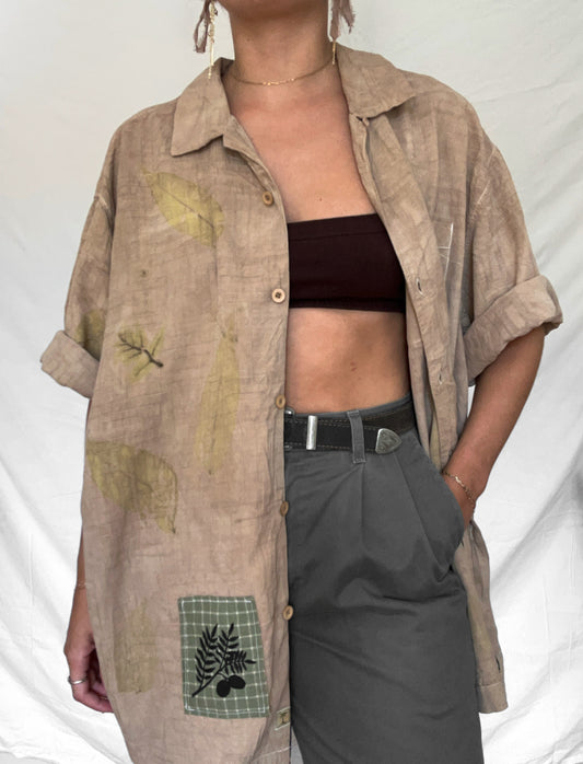 100% Silk Plant Dyed Button Up - Black Walnut - XL (mens)