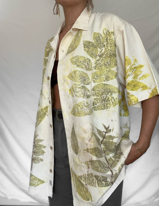 100% Silk Plant Dyed Button Up - Black Walnut - L (mens)