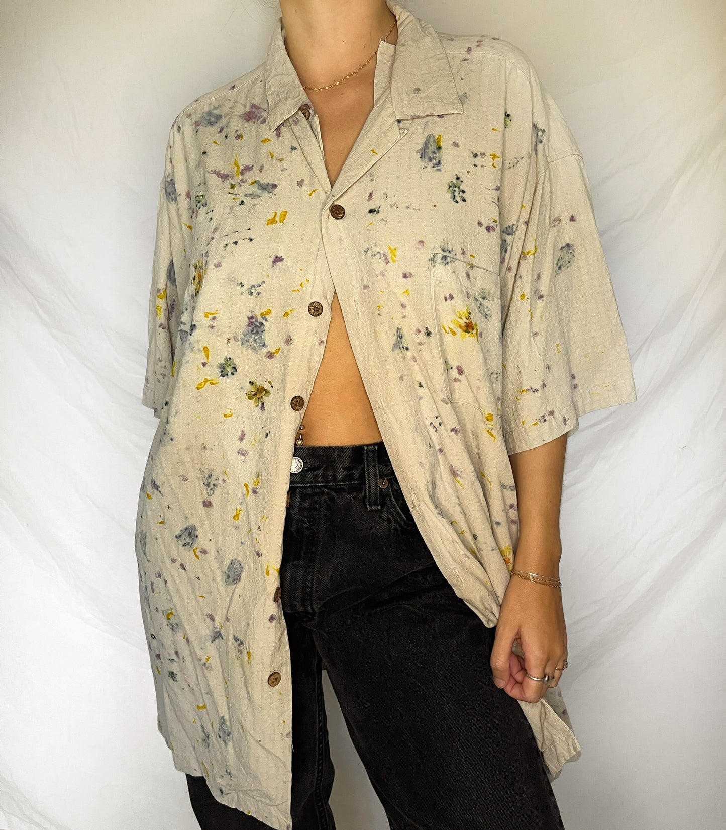 100% Silk Plant Dyed Button Up - Coreopsis/Cosmos - 2XL