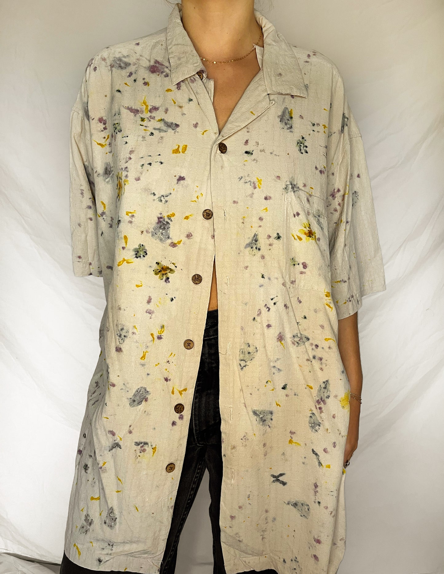 100% Silk Plant Dyed Button Up - Coreopsis/Cosmos - 2XL