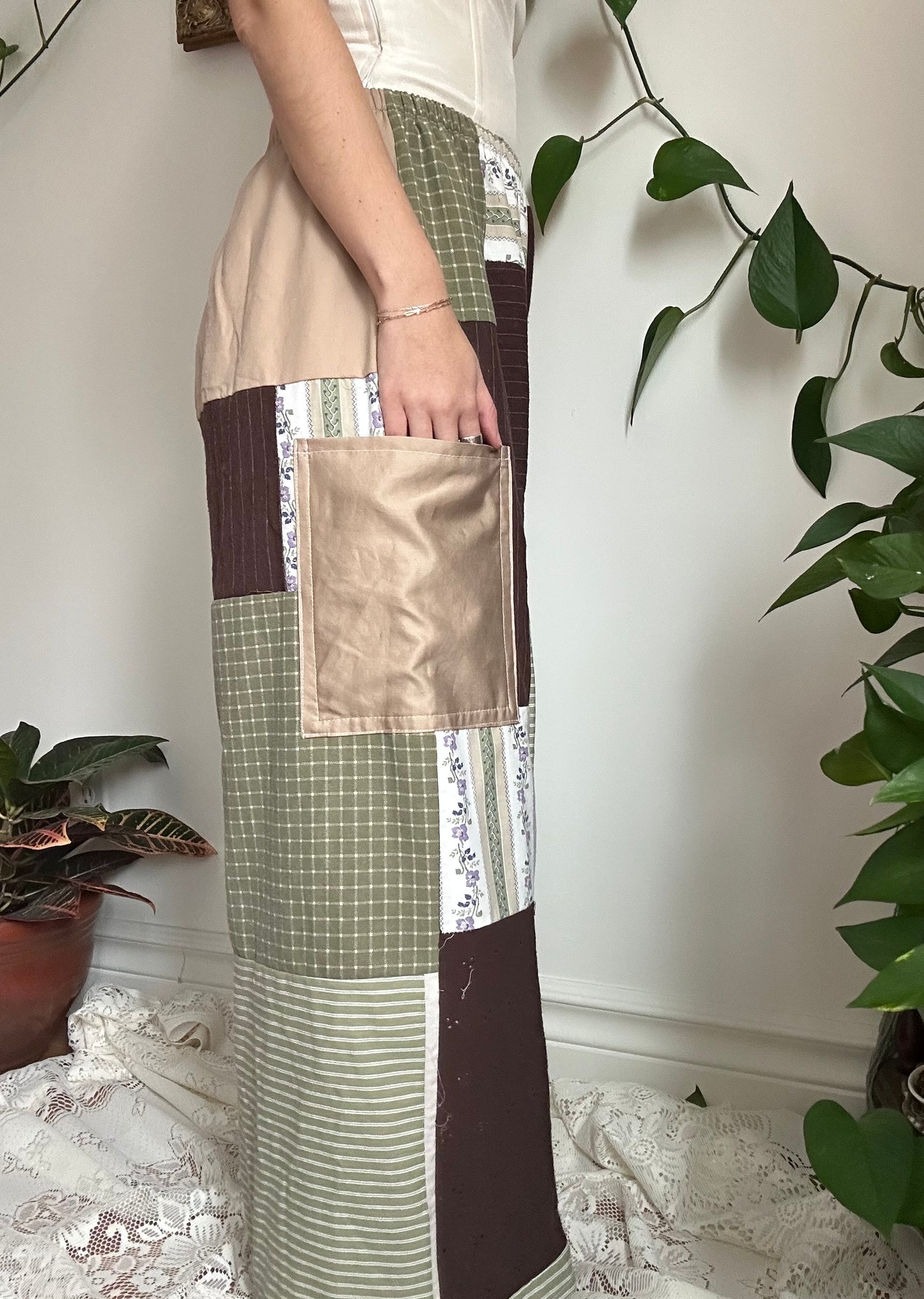 Upcycled Patchwork Brown/Green Quilt Pants - S/M