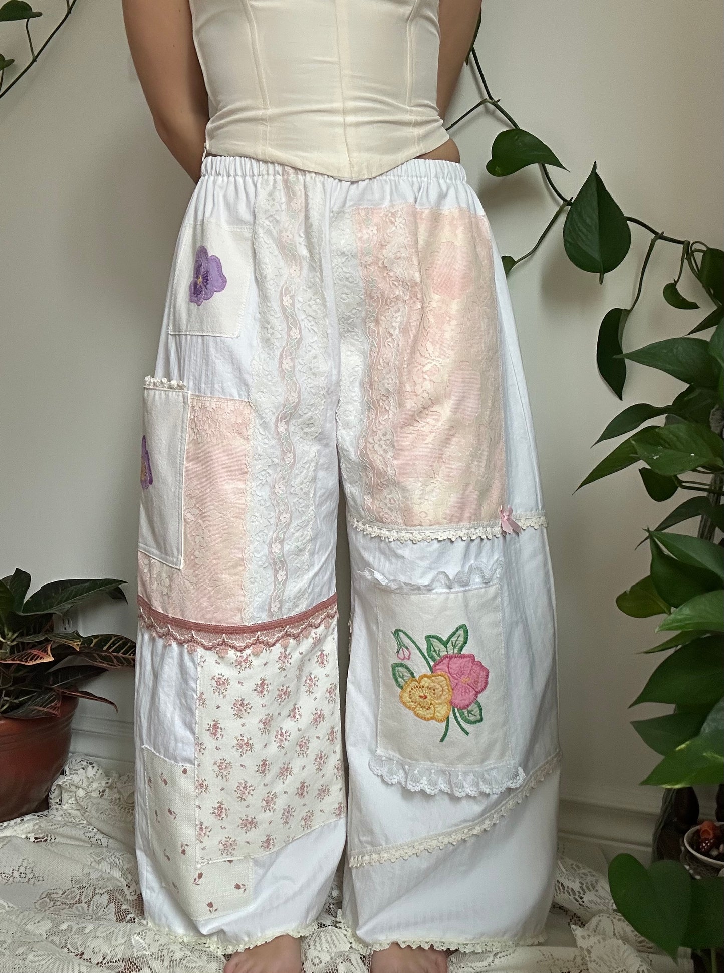 Upcycled Patchwork Floral + Lace Pants (1) - S/M