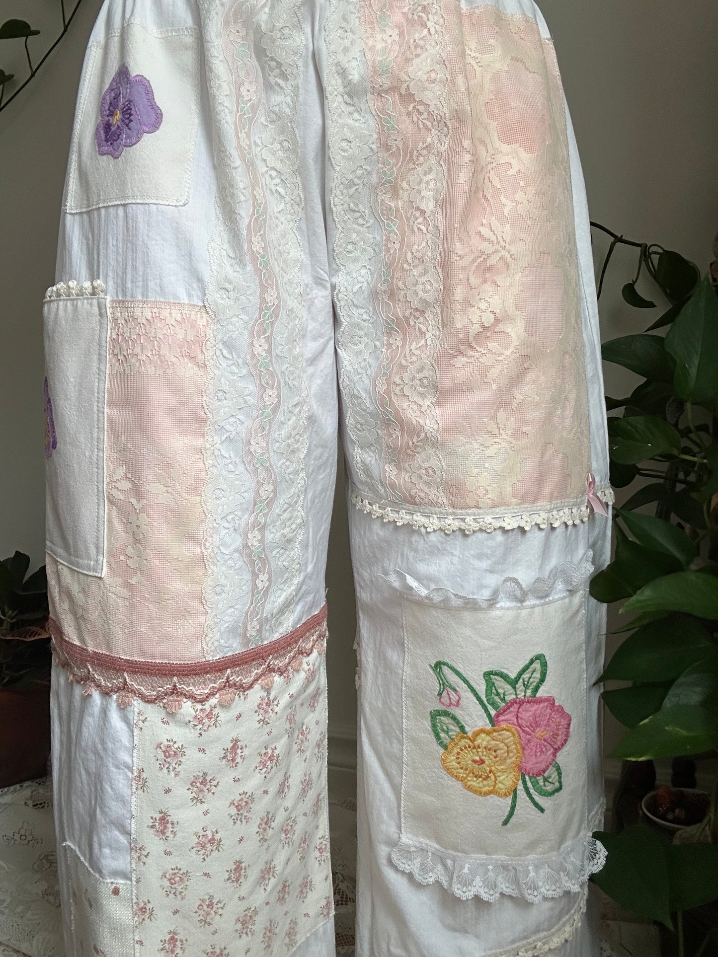 Upcycled Patchwork Floral + Lace Pants (1) - S/M