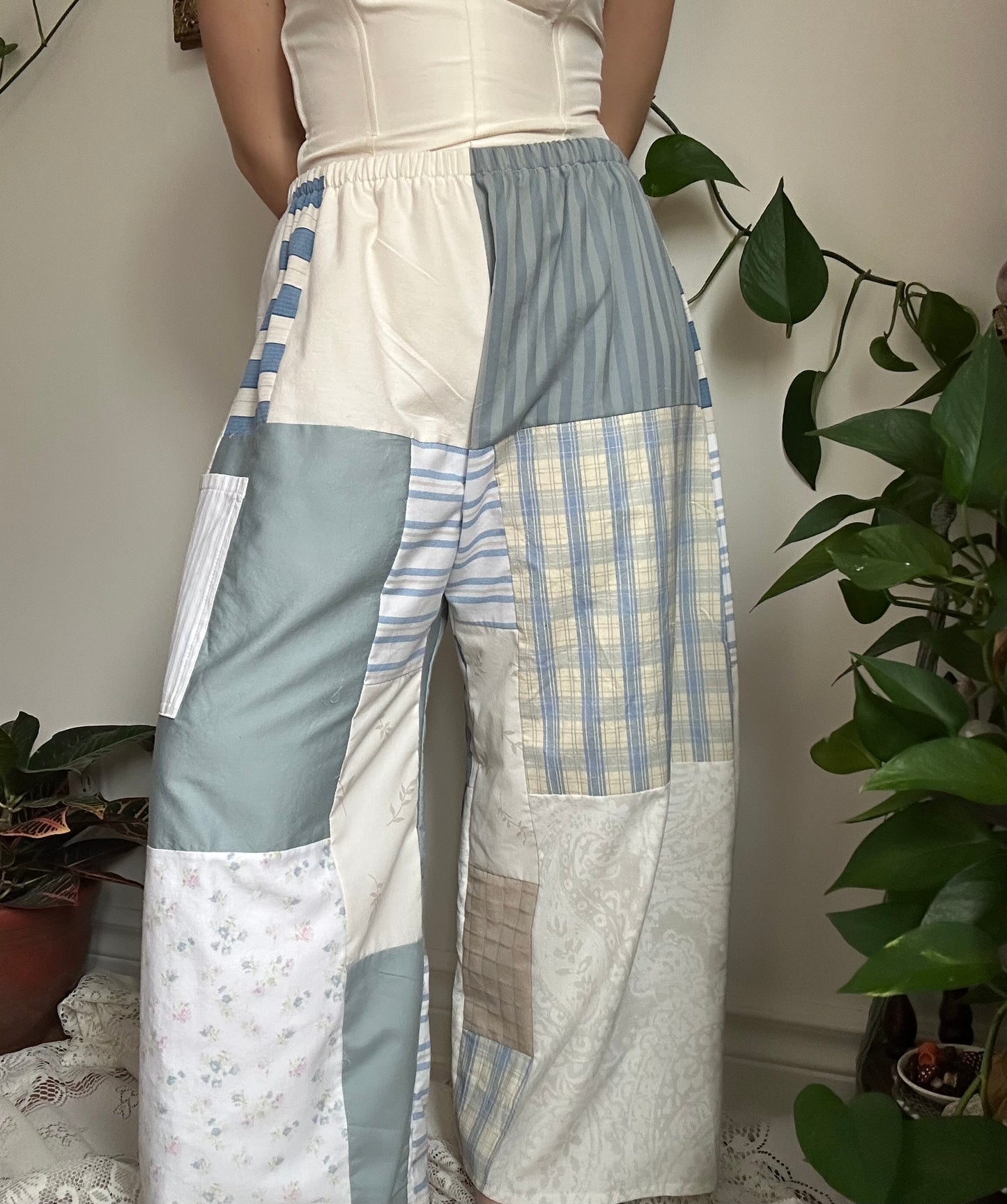 Upcycled Patchwork Blue/White Quilt Pants (1) - S/M