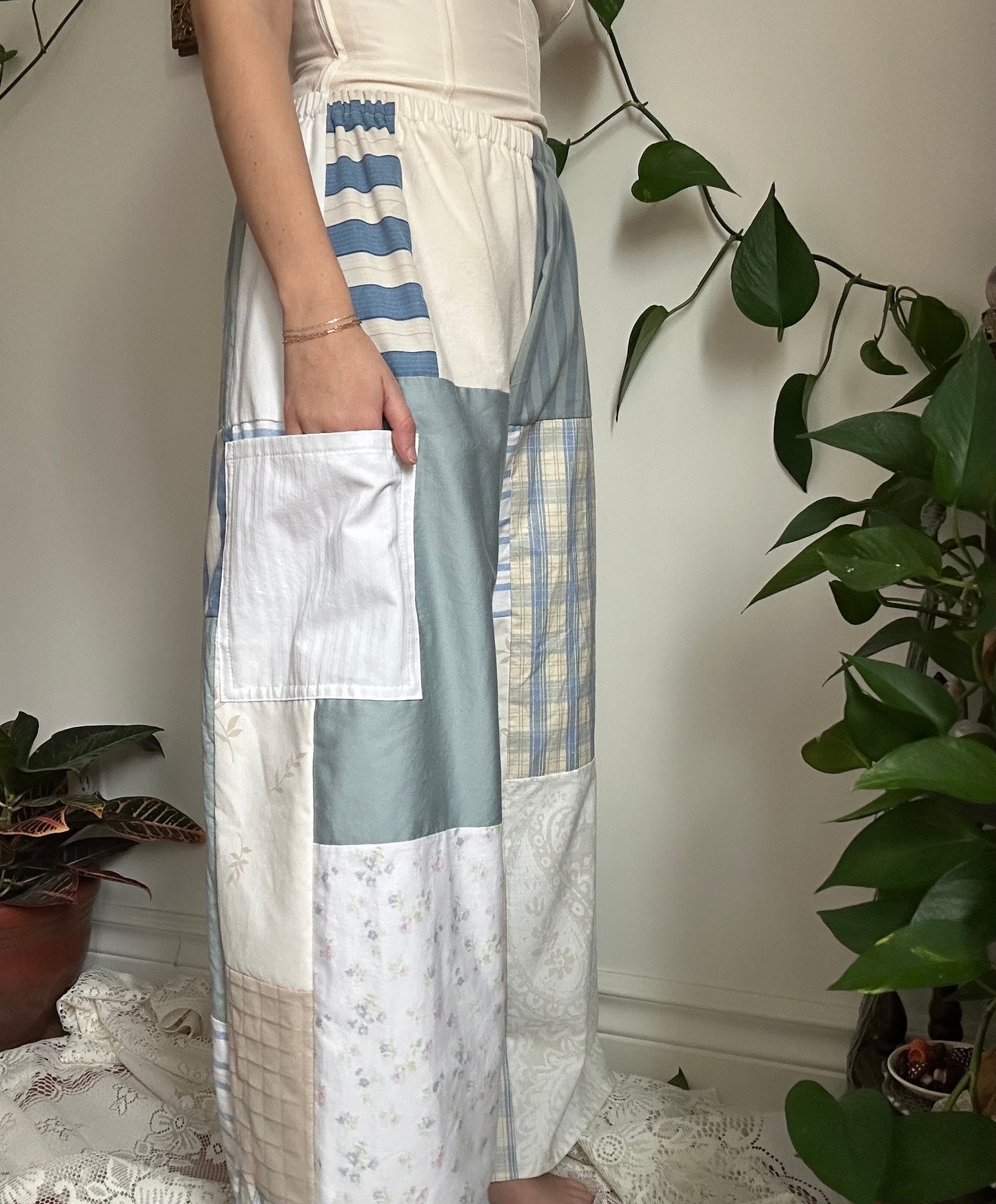 Upcycled Patchwork Blue/White Quilt Pants (1) - S/M