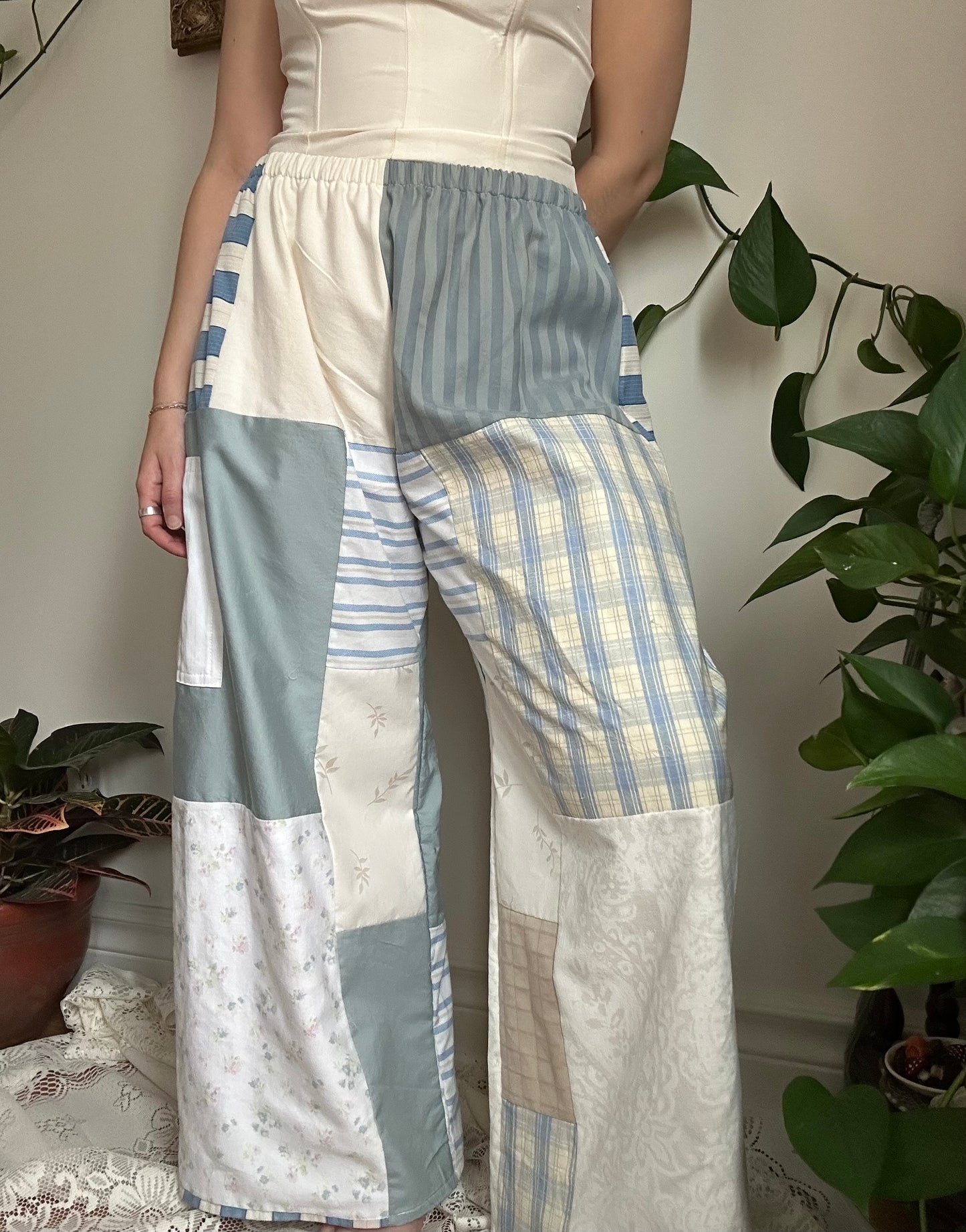 Upcycled Patchwork Blue/White Quilt Pants (1) - S/M