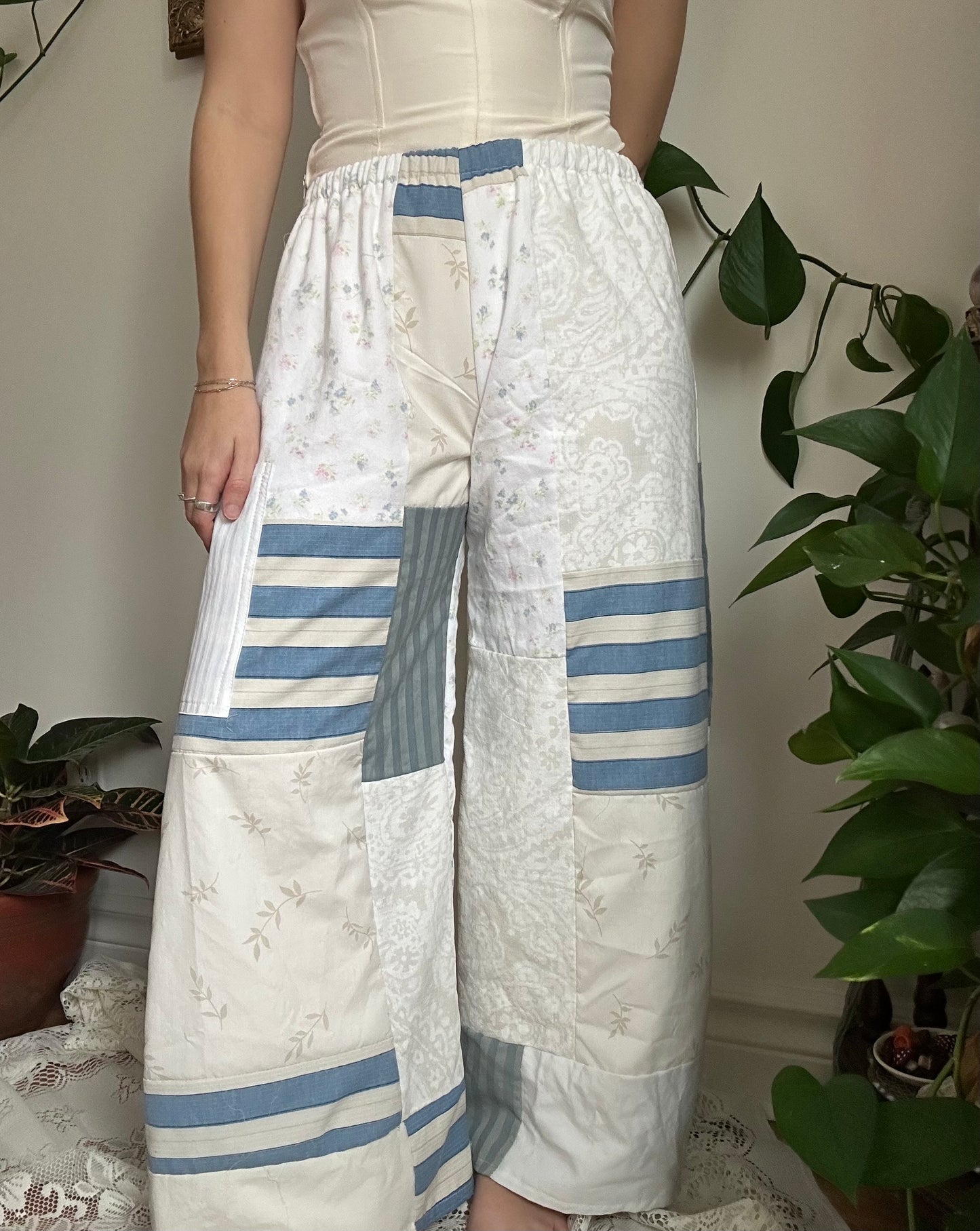 Upcycled Patchwork Blue/White Quilt Pants (2) - XS/S